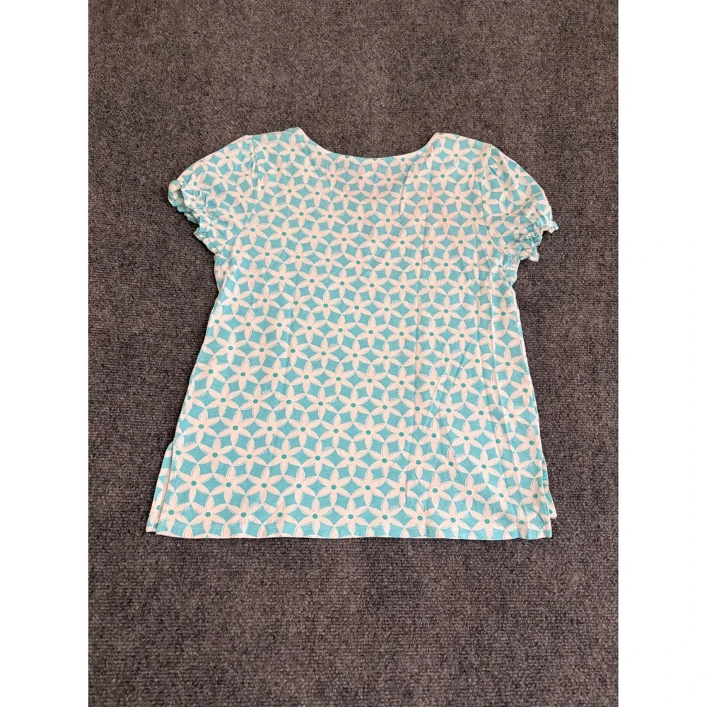 Lilly Pulitzer Aqua Blue White Floral Keyhole Puff Sleeve Top Small Cotton Modal